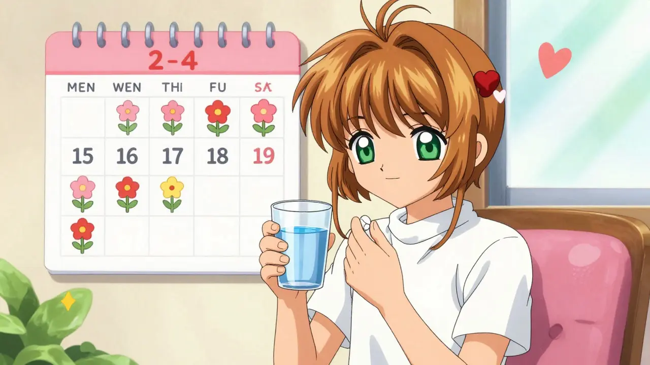 Anime character taking medication with calm hope