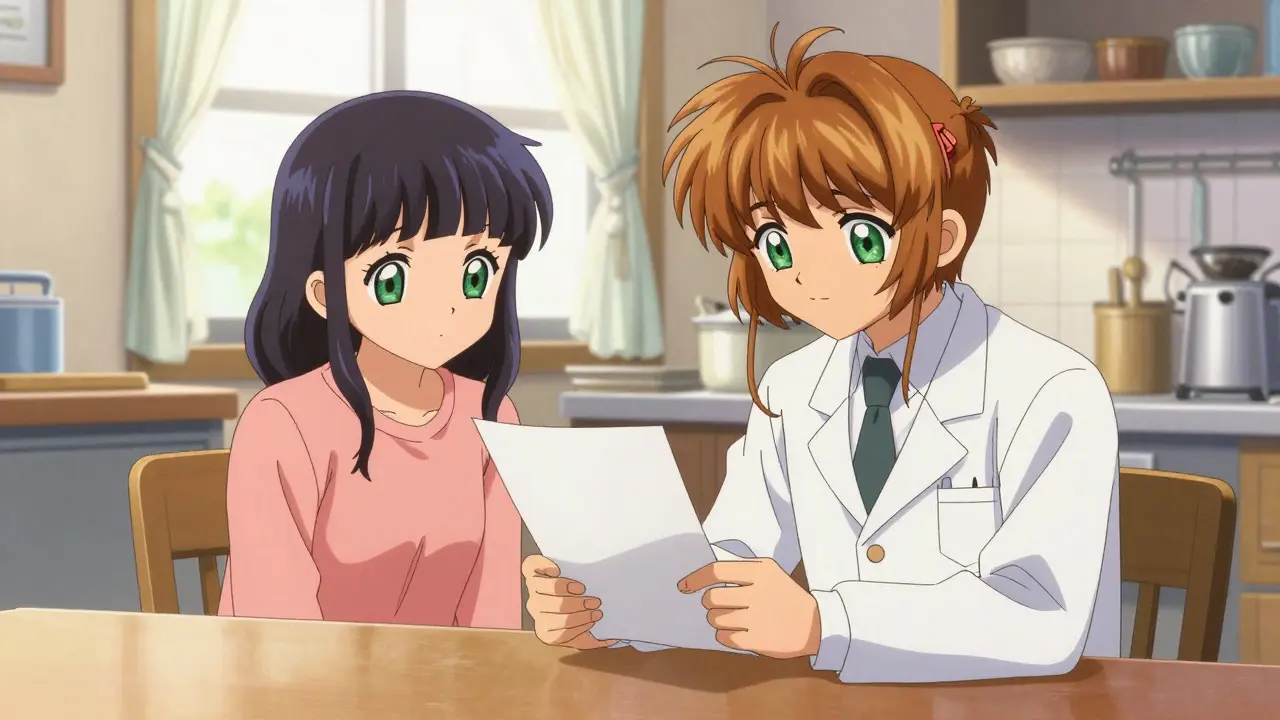 Anime patient and doctor discussing medication simplification at a sunny table