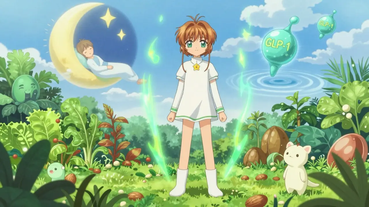 Character in a healing garden with magical health symbols