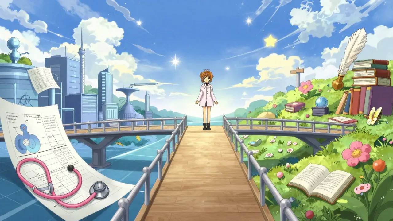 Conceptual anime illustration of a bridge connecting medical science and storytelling arts