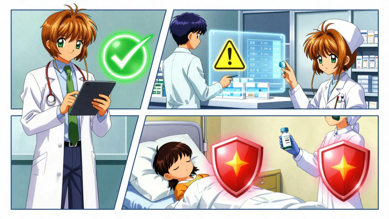 Conceptual art showing three-step medical verification process with icons