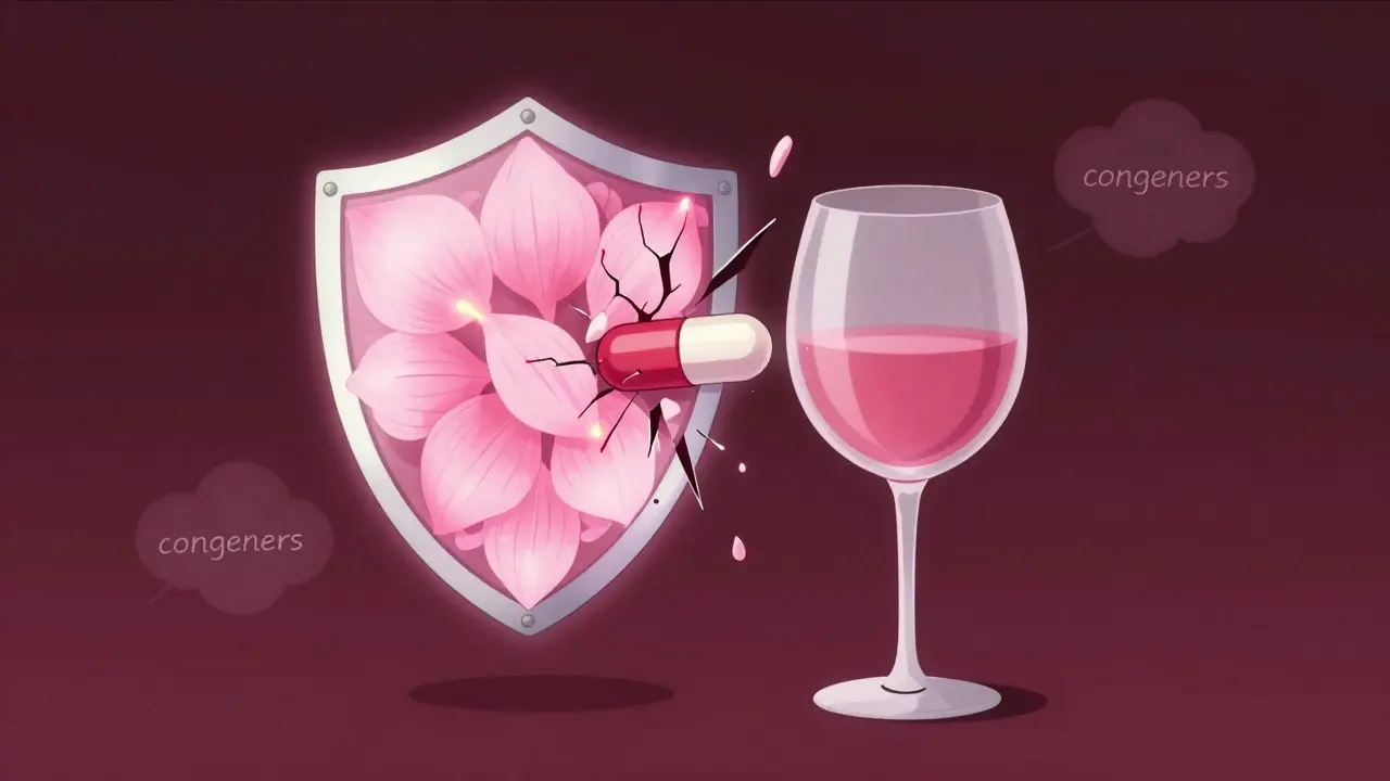 Elegant wine glass character with a cracking antioxidant shield interacting with a medicine capsule