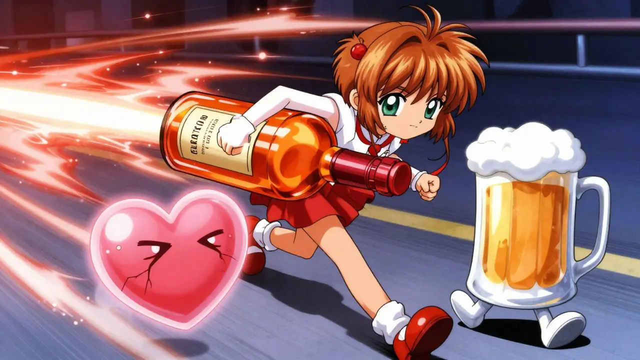 Fast-moving whiskey bottle character chasing a slow beer mug in a dynamic anime scene