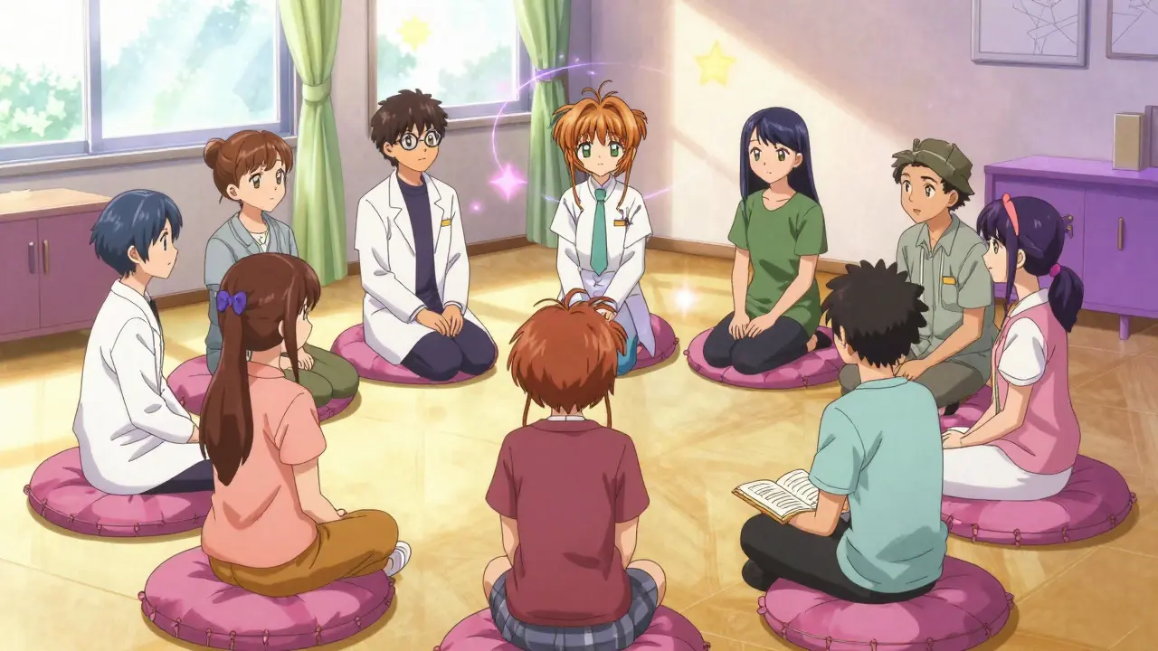 Group therapy session depicted in anime style with characters sharing stories in a circle