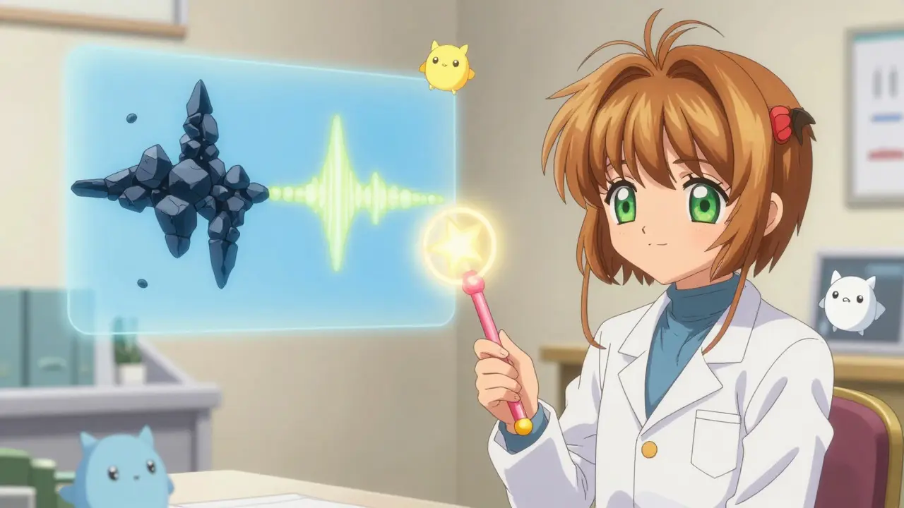 Magical audiologist testing hearing with glowing sound wave mascots