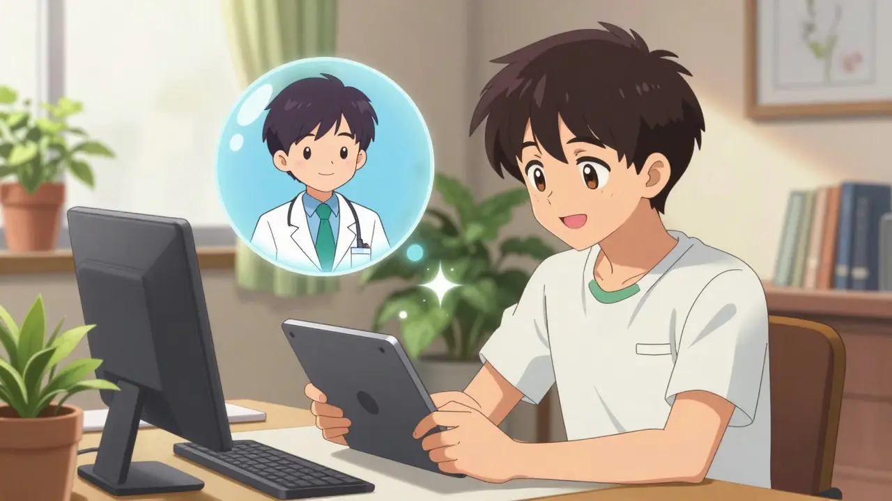 Man consulting with a doctor via tablet in a cozy anime-style room