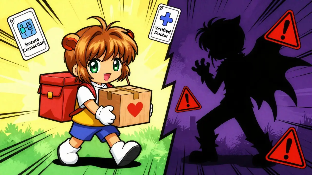 Manga style comparison of safe vs unsafe online pharmacy paths