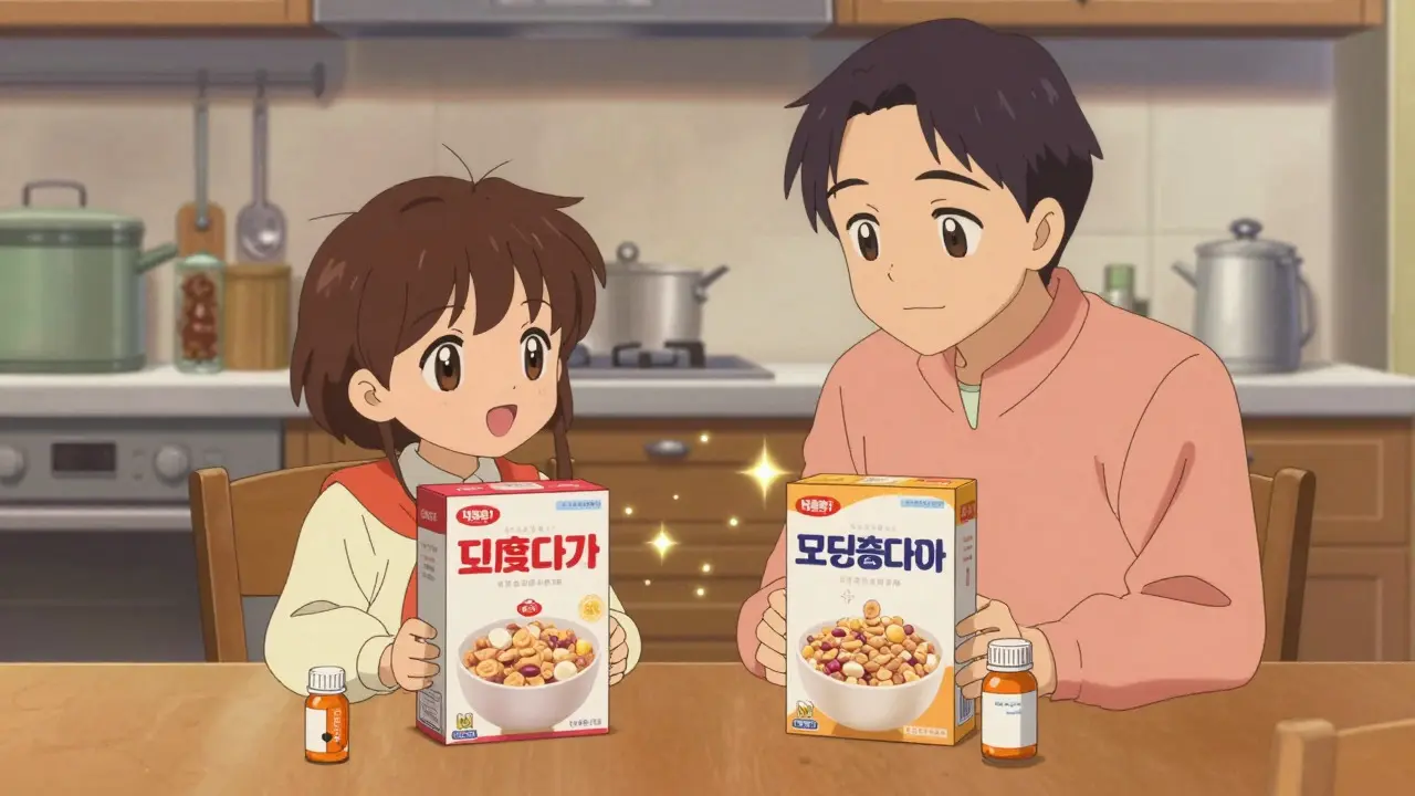 Parent and child learning about generic drugs using cereal analogy