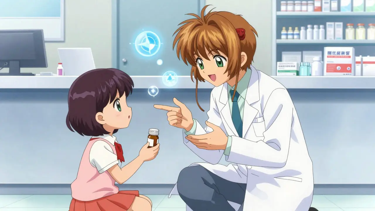 Pharmacist explaining medication safety to a confident teenager