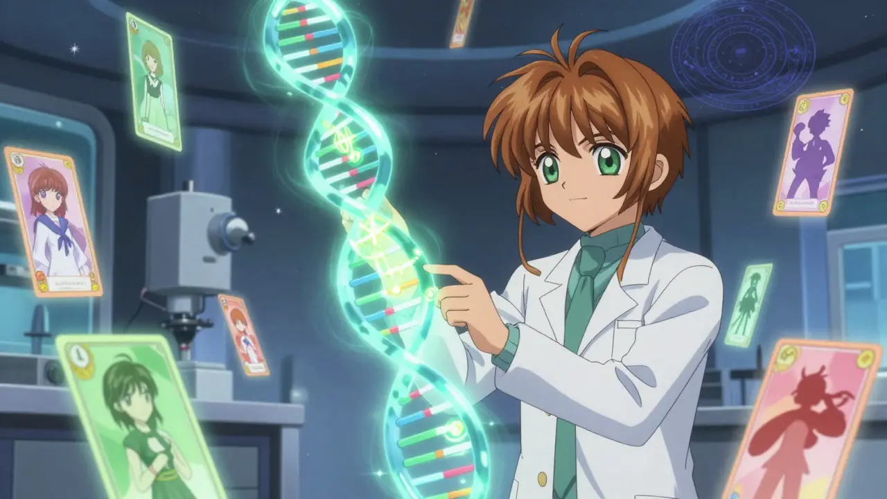 Scientist examining glowing DNA helix with magical genetic markers