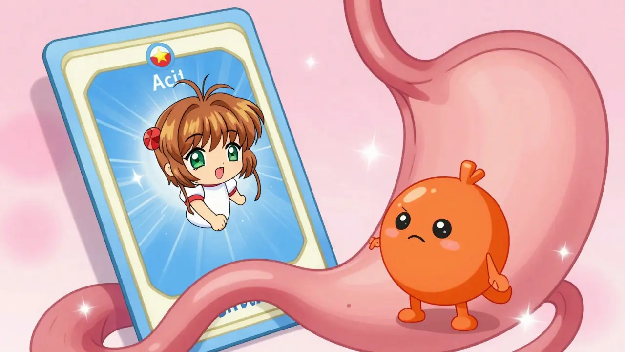 Whimsical anime scene showing PPI suppressing acid while H2 blocker stands idle