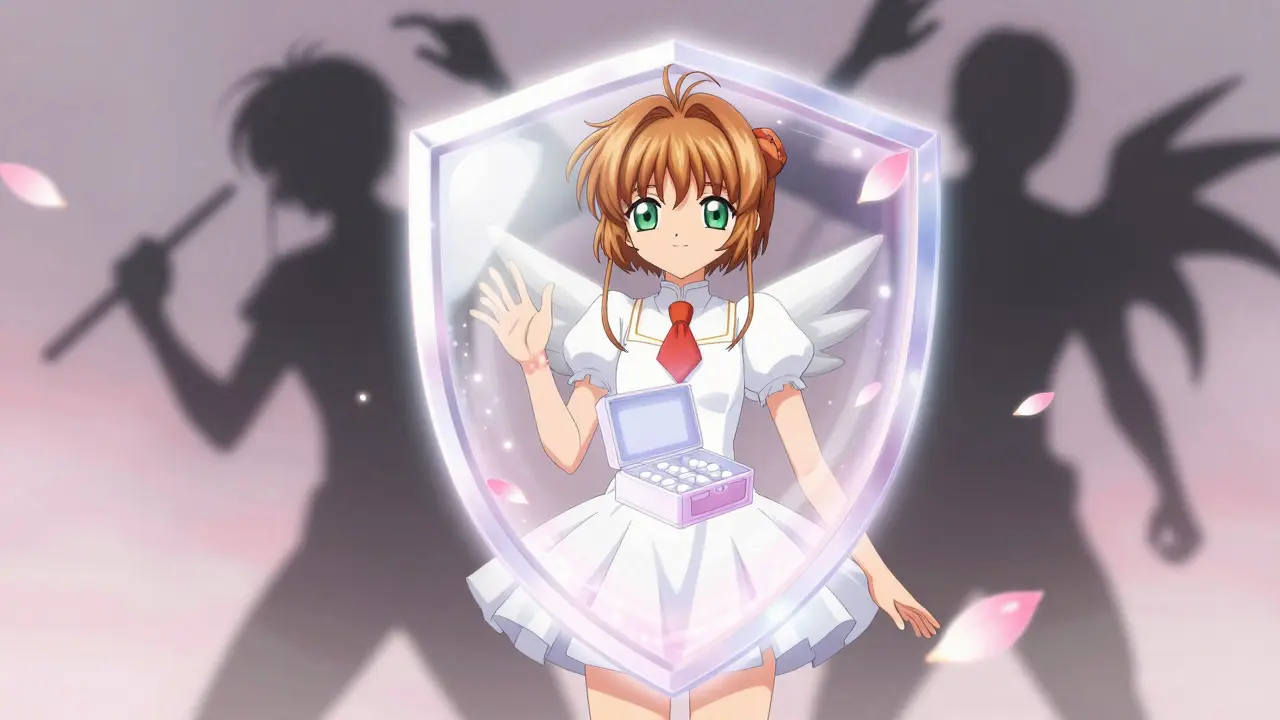 Woman protecting a pill box with a glowing magical shield in anime style